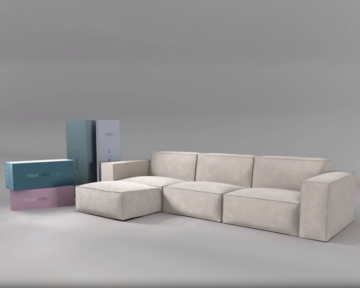 #M1 sectional sofa set in a neutral color, displayed next to packaging boxes labeled Rove, showcasing a minimalist and modern design