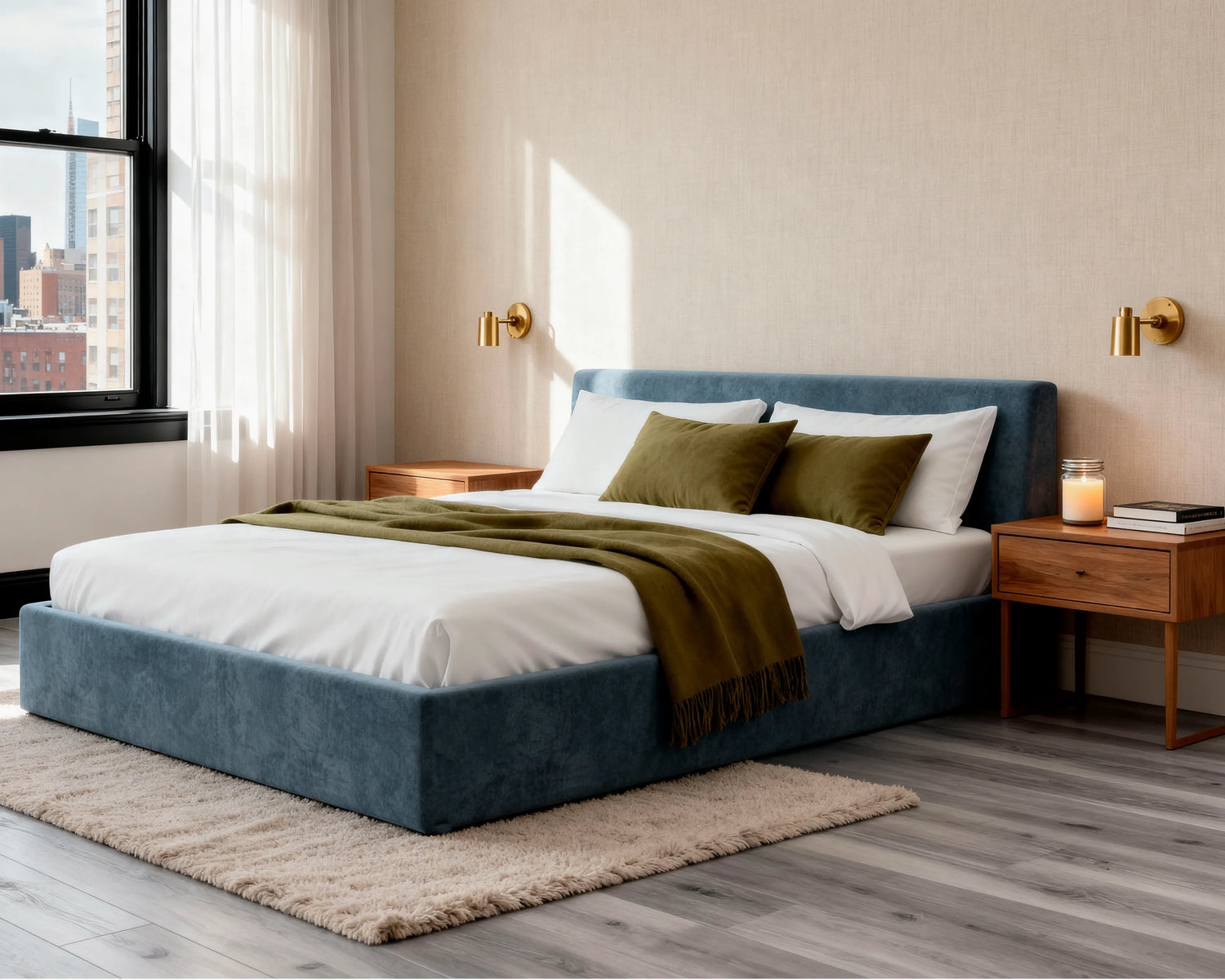# Side view of O2 Bed in Hydrogen Blue, showcasing its minimalist design with a soft, low-profile foam structure and simple, clean lines.