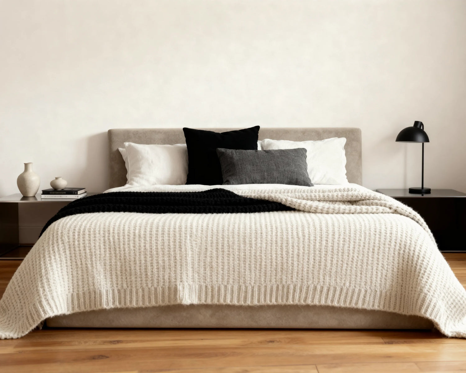 # Front view of O2 Bed in Silicon Sand, with a soft, contemporary design, showcasing its low-profile foam structure and simple elegance.